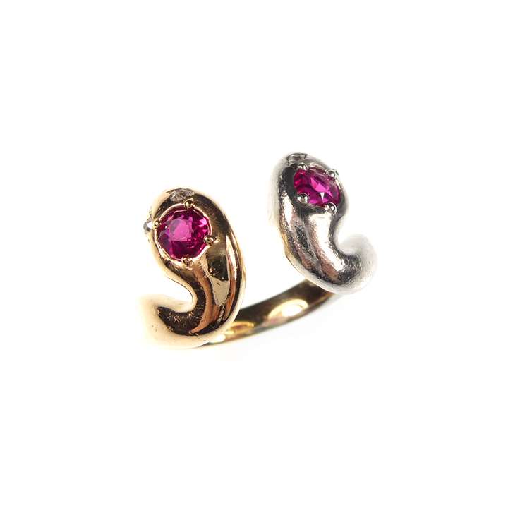 Gold, platinum and ruby double headed snake ring